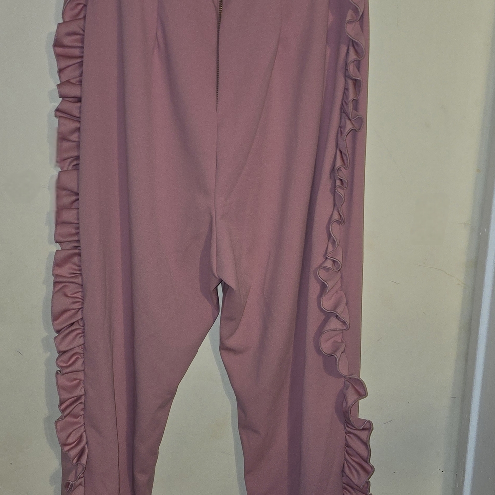 Ashley Stewart Mauve Ruffle-Trim Zip-up In the Back Jumpsuit